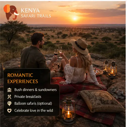 Honeymoon couple enjoying a romantic sunset dinner overlooking the Masai Mara savanna